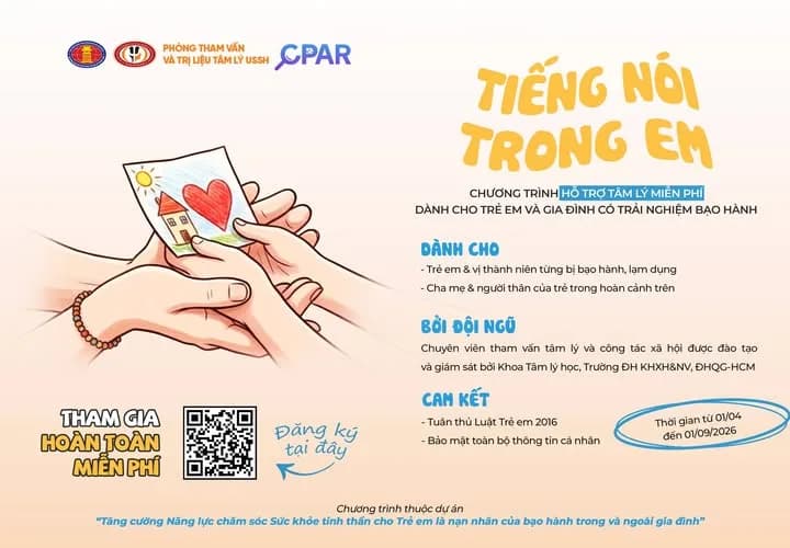 Tiếng nói trong em – Hỗ trợ tâm lý trẻ em và gia đình từng trải qua bạo hành [hạn chót đăng ký 31/8]